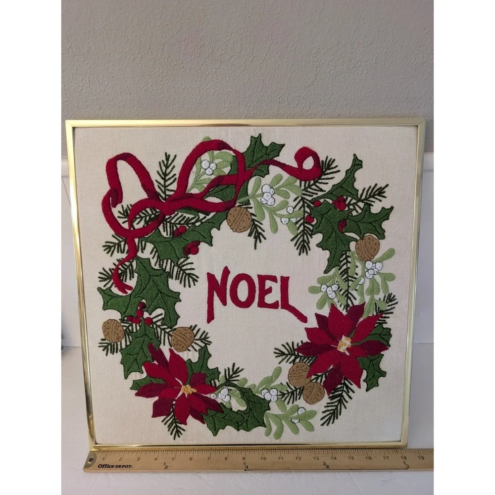 Vintage Christmas Wreath Noel Ribbon Crewel Gold Framed Artwork Holiday Decor